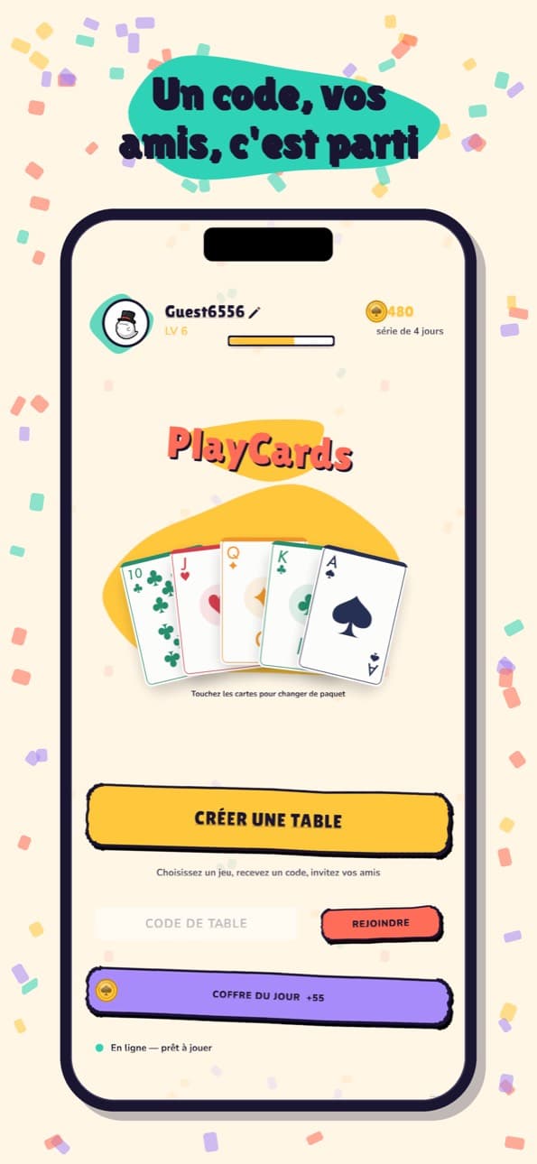 Écran d'accueil de PlayCards : créer une table ou entrer un code